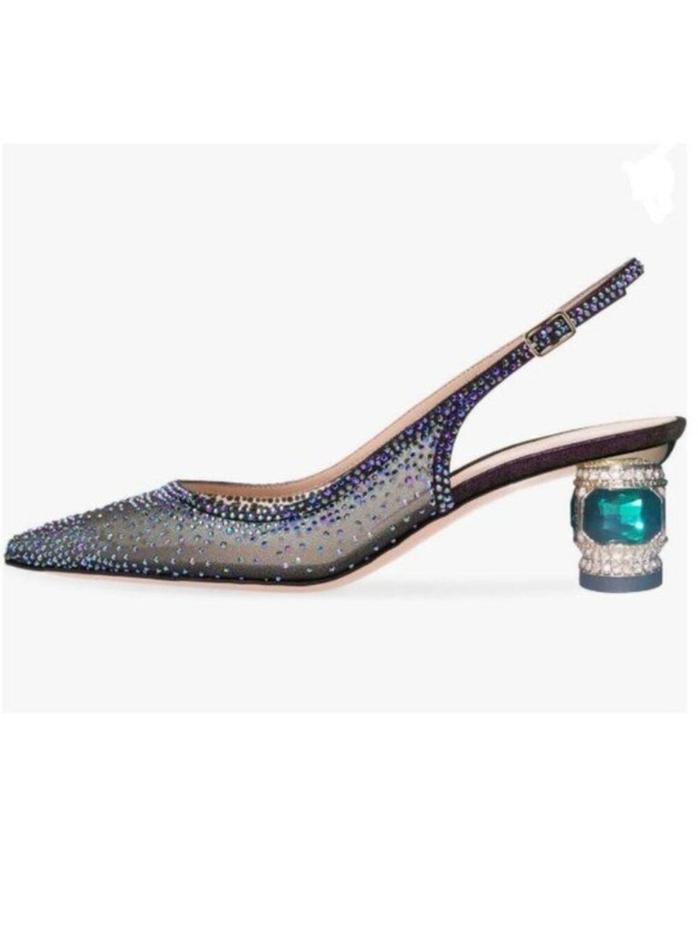 Black Pointed Toe Slingback Wedding Pumps Chunky Low Heel Rhinestone Sandals